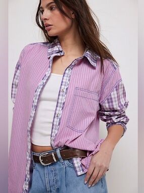 2483. FREE PEOPLE We The Free Montauk Gingham Shirt in Blue Pink combo Sz XS NWT